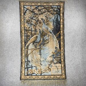 Art Deco Antique Wall Rug Tapestry Chinese Bird Peacock Floral Wool Silk *Flaws*